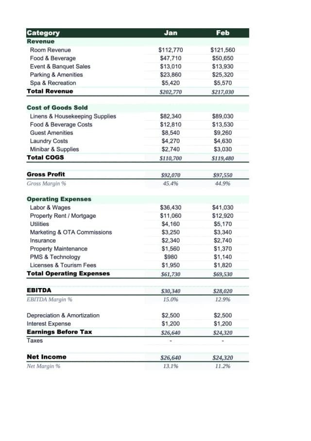 Hotel P&L Template preview