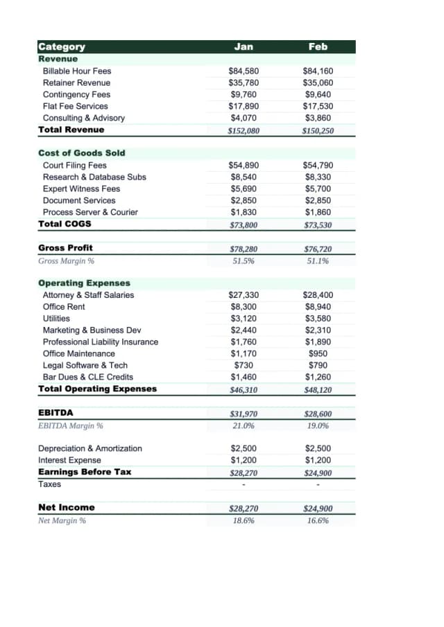 Law Firm P&L Template preview