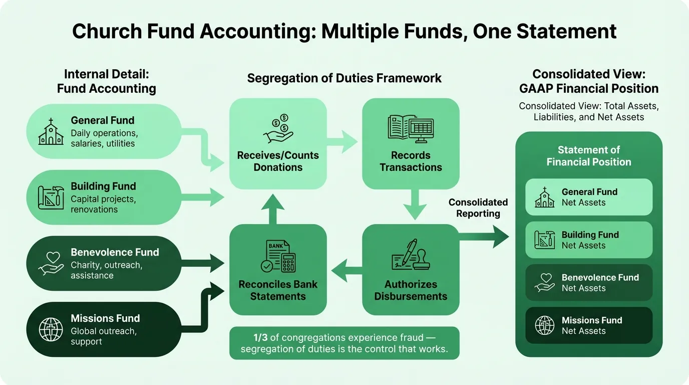 Church fund accounting structure showing fund segregation and reconciliation
