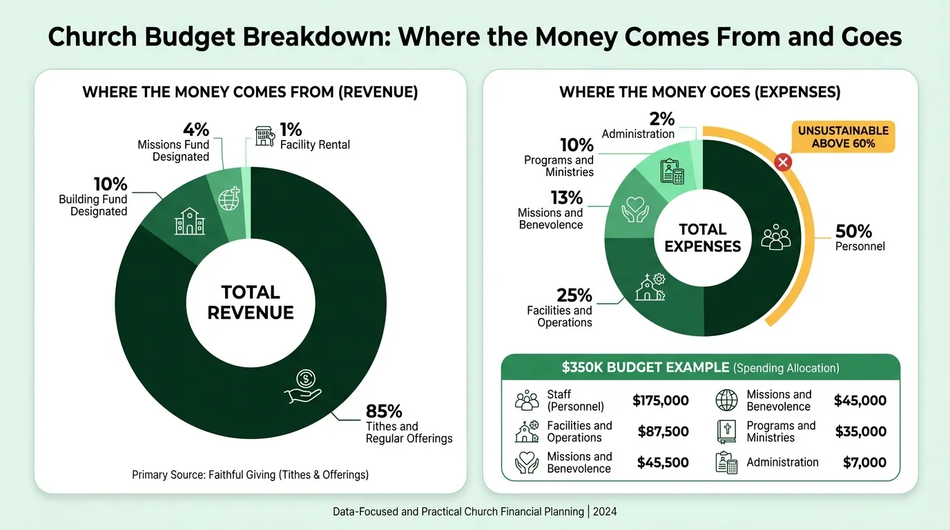 Church budget allocation showing revenue sources and expense categories