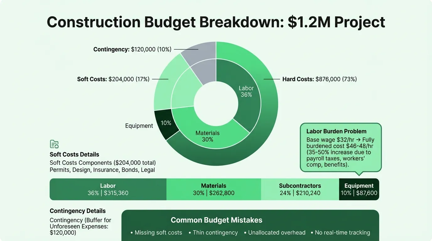 Construction budget breakdown showing hard costs, soft costs, and contingency