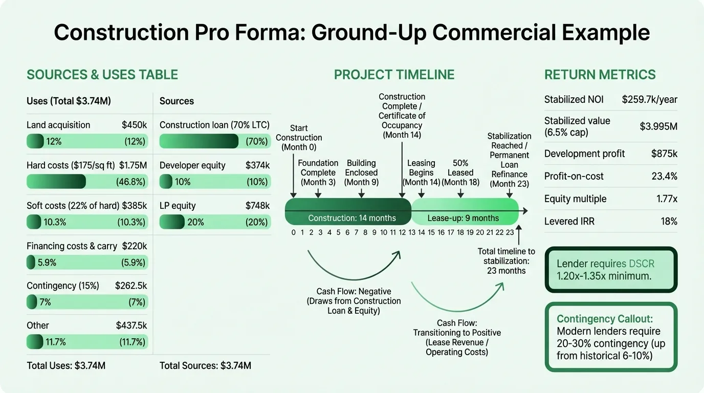 Construction pro forma sources and uses with return metrics